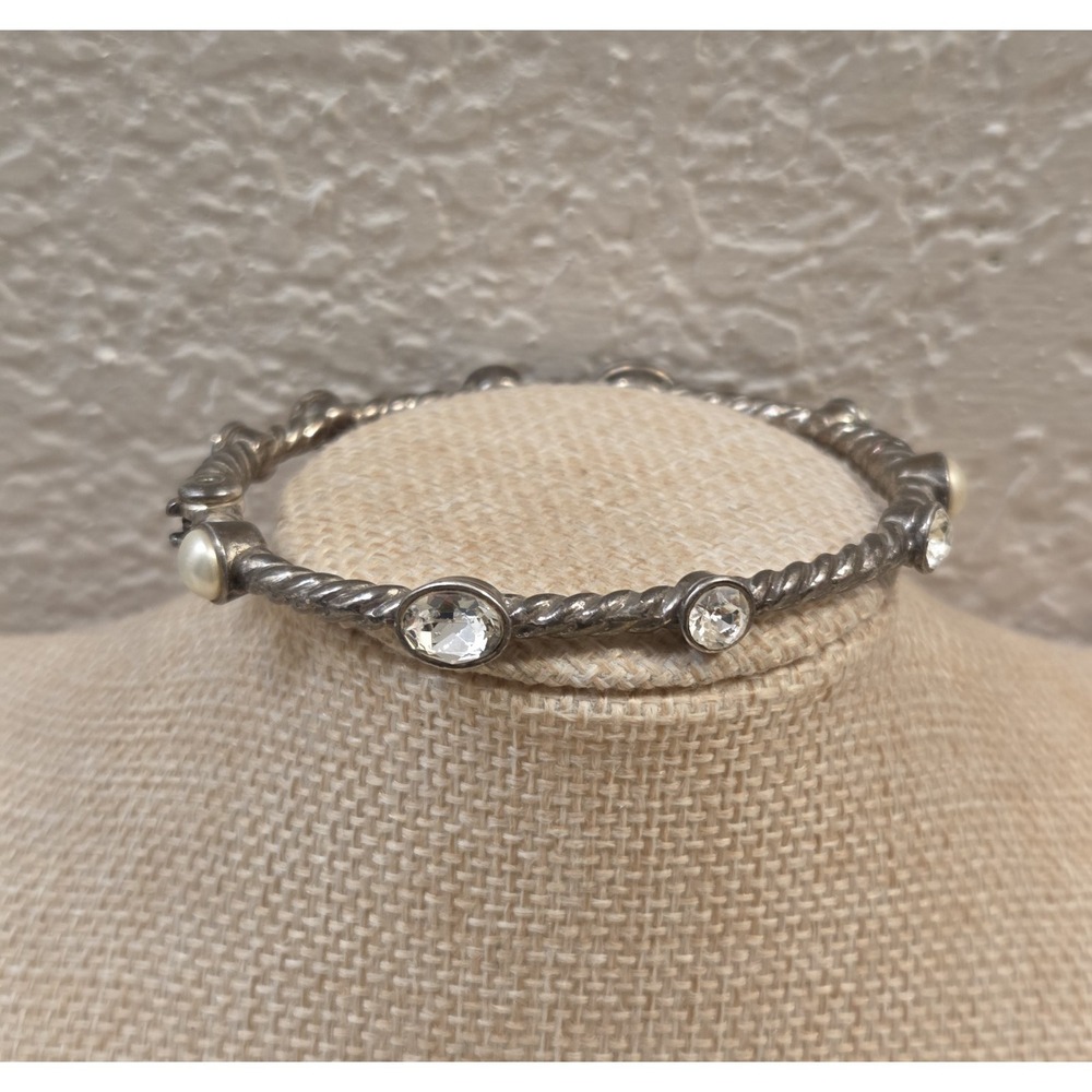 Brighton Monte Carlo Hinged Bangle Bracelet Crystals Glass Pearls Silver Tone 7"
